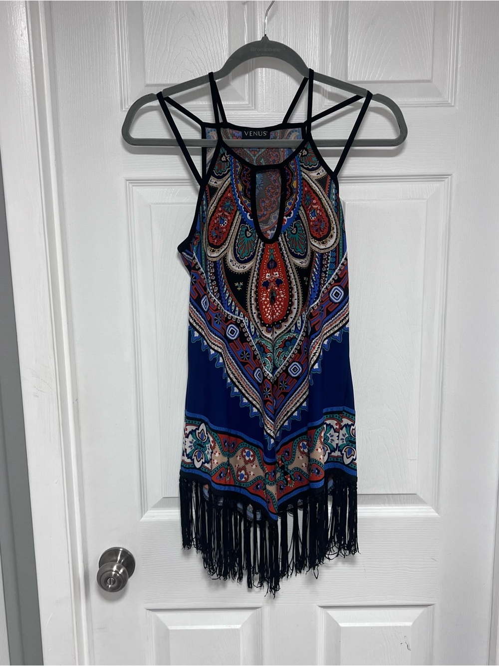 VENUS Blue Paisley Fringe Tank Top Size M